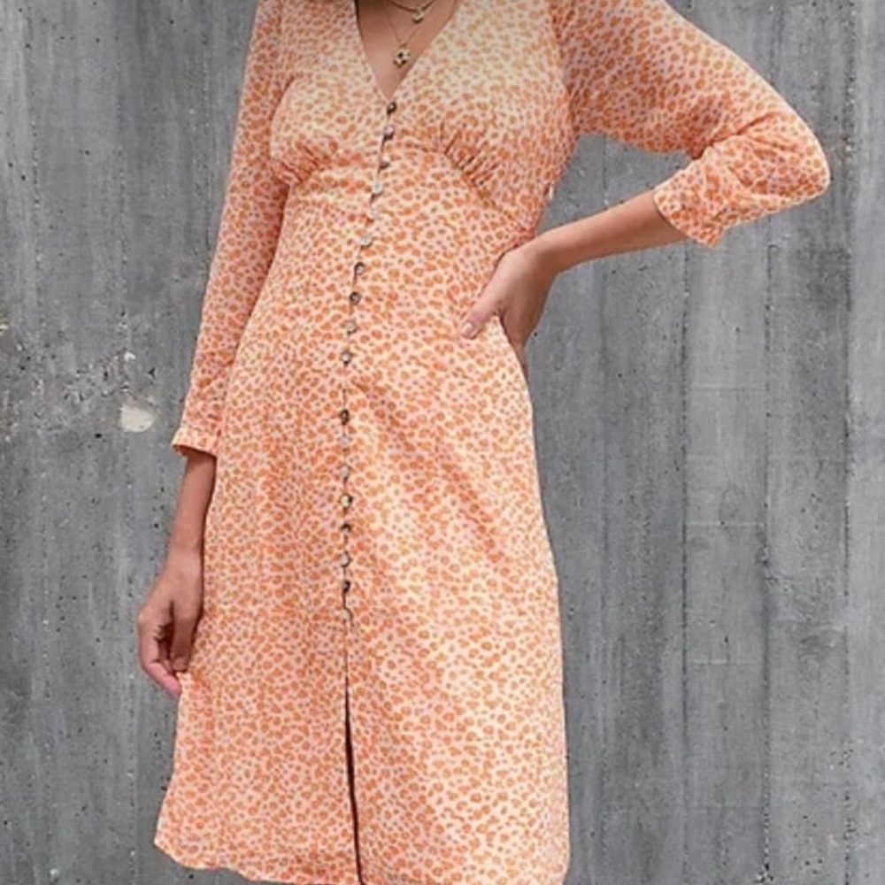 Vero Moda Patterned Chiffon Midi Dress 7/8 Sleeves Buttoned V Neck Size US Small
